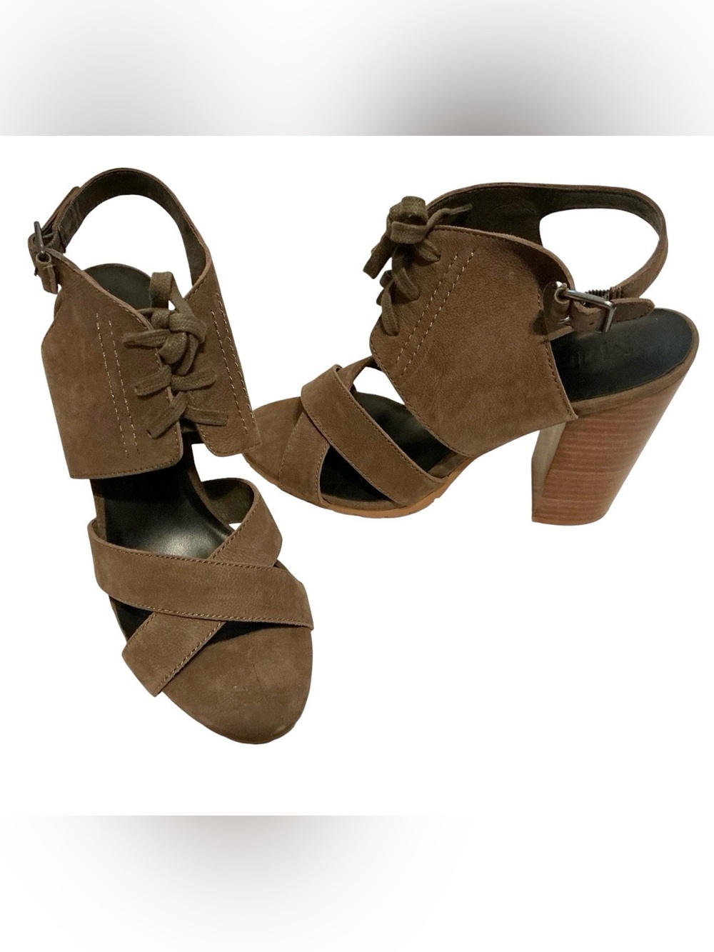 M4D3 Taupe Nubuck Block Heel Sandals MADI Sz 8 Lace Up Ankle Strap 4” NWOT